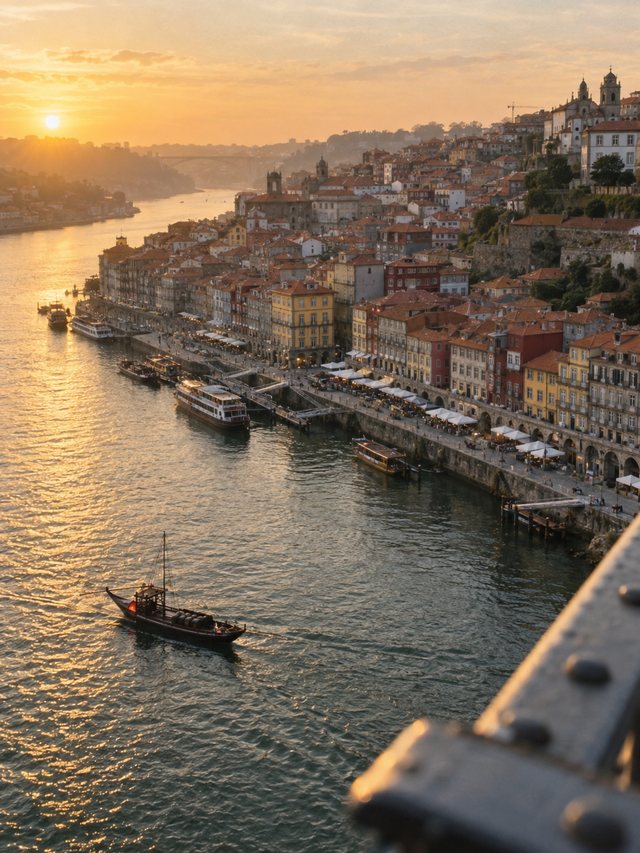 Porto al atardecer desde el puente Dom Luís I, con un barco rabelo en el Duero