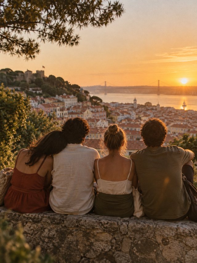 Cuatro amigos de espaldas en un mirador de Lisboa al atardecer