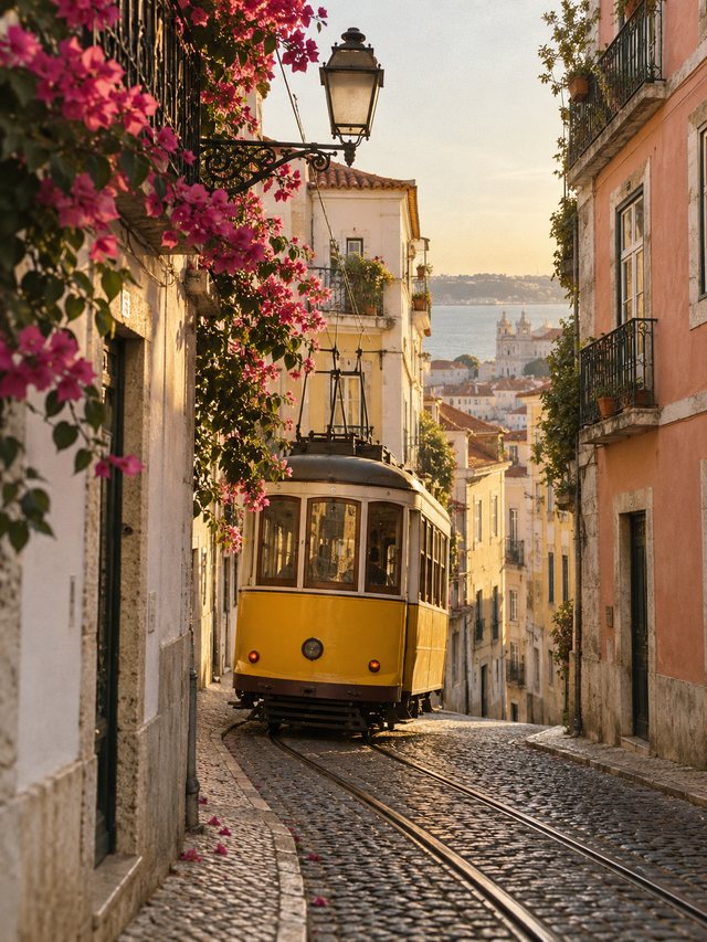 Un tranvía amarillo sube por una calle empedrada de Alfama entre buganvillas