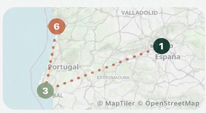 Mapa de la península con la ruta de Madrid a Lisboa y Porto trazada en puntos